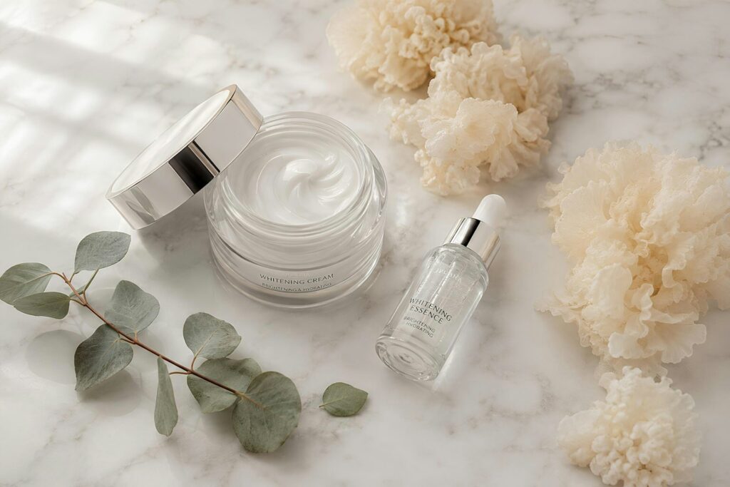 Hautpflegecreme und Serum auf Marmor